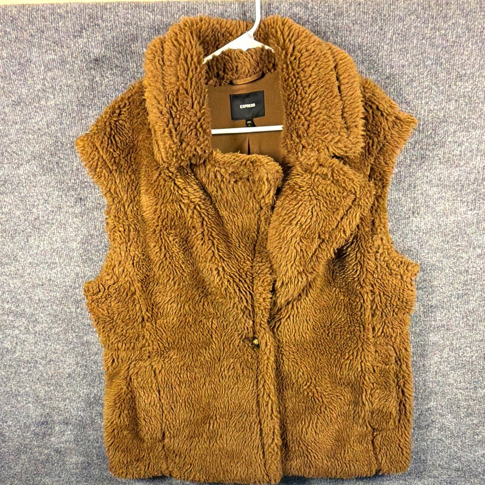 Womens Medium Faux Fur Vest, Express, Brown, Teddy Sherpa Drawstring Waist